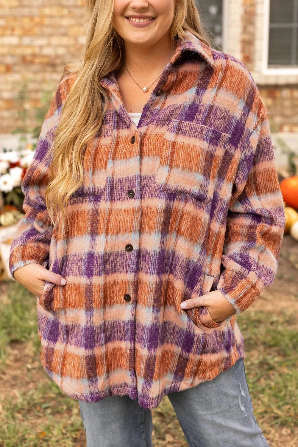 Plus Size Plaid Collared Neck Long Sleeve Jacket - ShalayeFashion