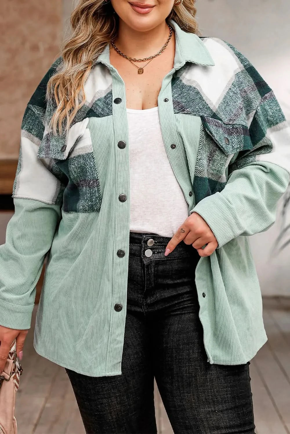Plus Size Plaid Snap Down Jacket with Pockets - ShalayeFashion