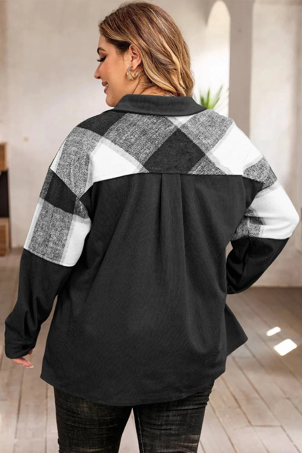Plus Size Plaid Snap Down Jacket with Pockets - ShalayeFashion