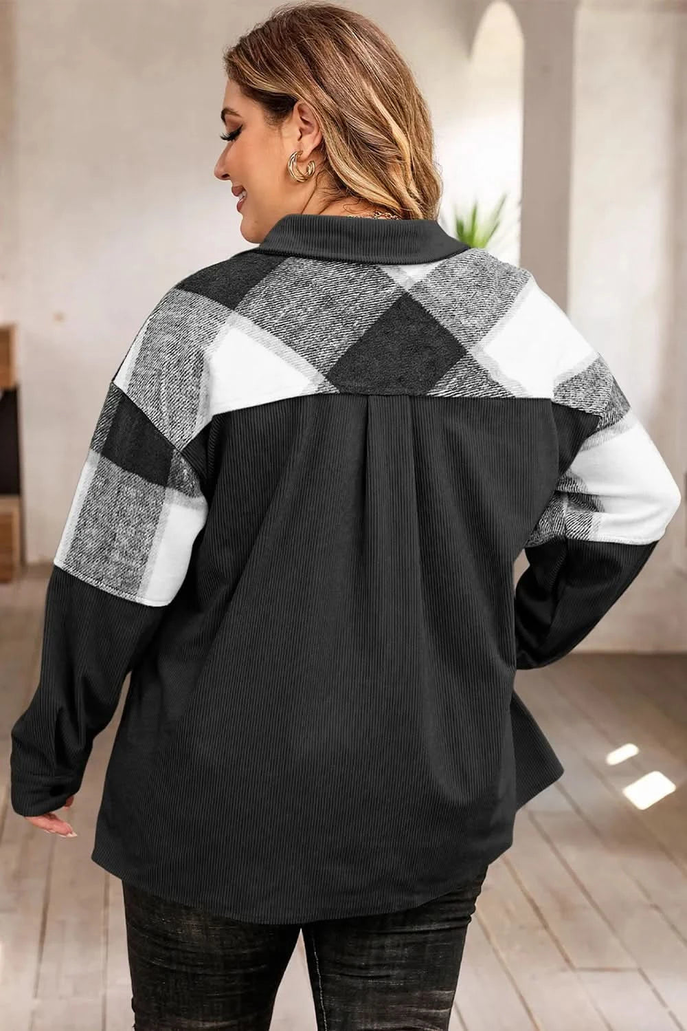 Plus Size Plaid Snap Down Jacket with Pockets - ShalayeFashion