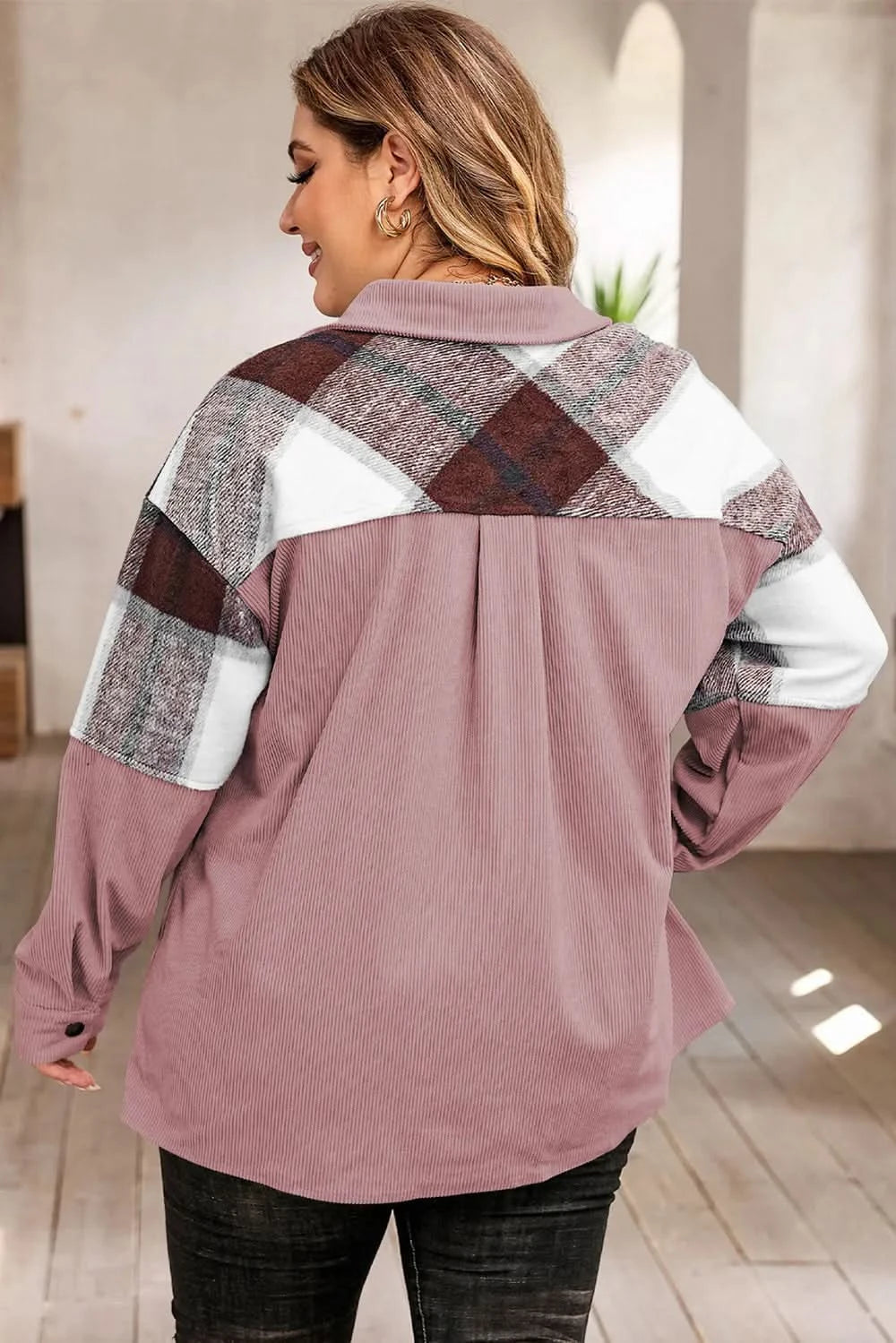 Plus Size Plaid Snap Down Jacket with Pockets - ShalayeFashion