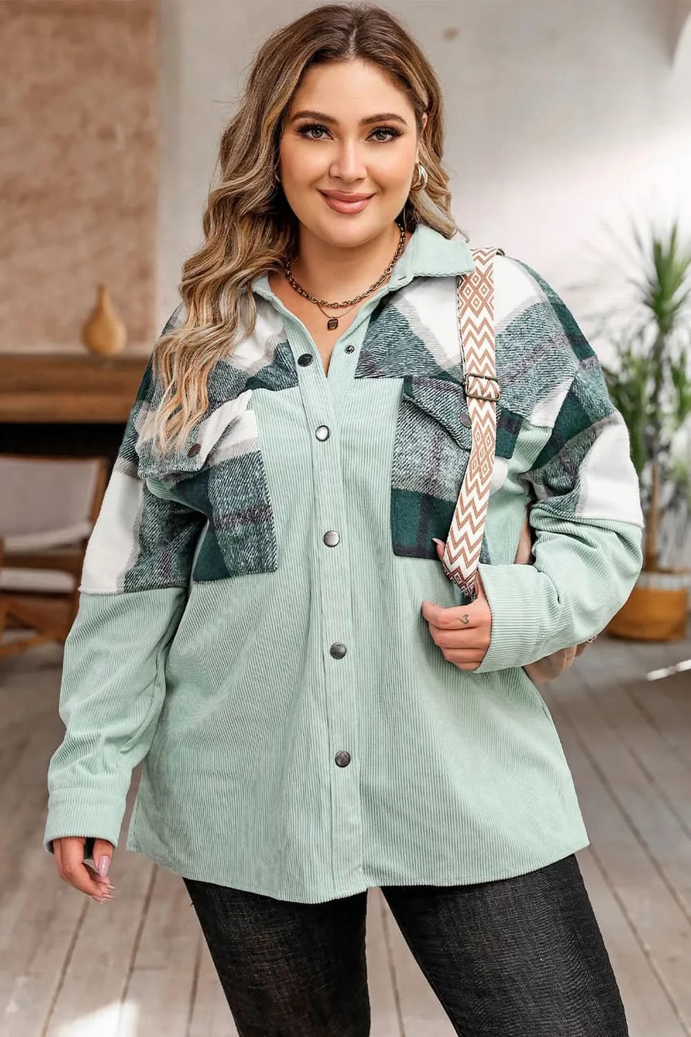 Plus Size Plaid Snap Down Jacket with Pockets - ShalayeFashion
