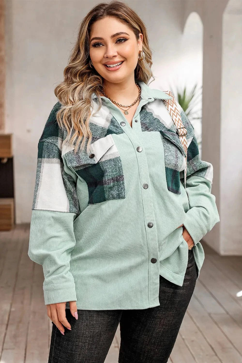 Plus Size Plaid Snap Down Jacket with Pockets - ShalayeFashion