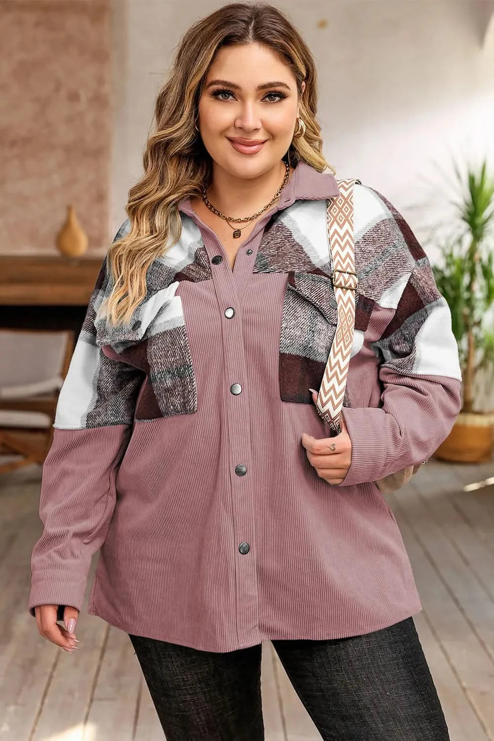 Plus Size Plaid Snap Down Jacket with Pockets - ShalayeFashion
