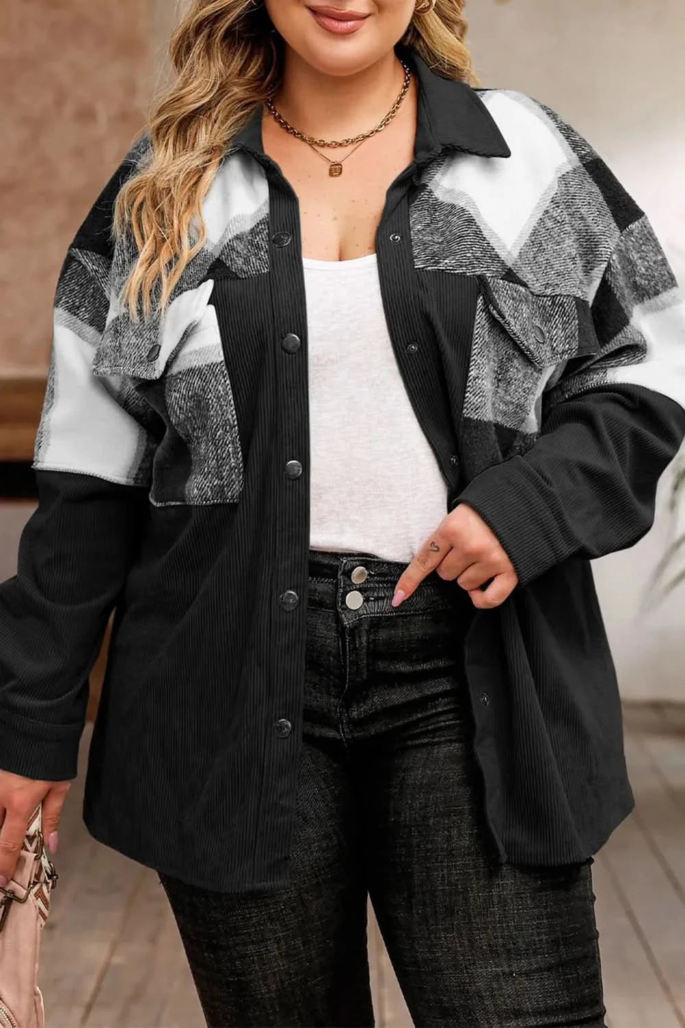 Plus Size Plaid Snap Down Jacket with Pockets - ShalayeFashion