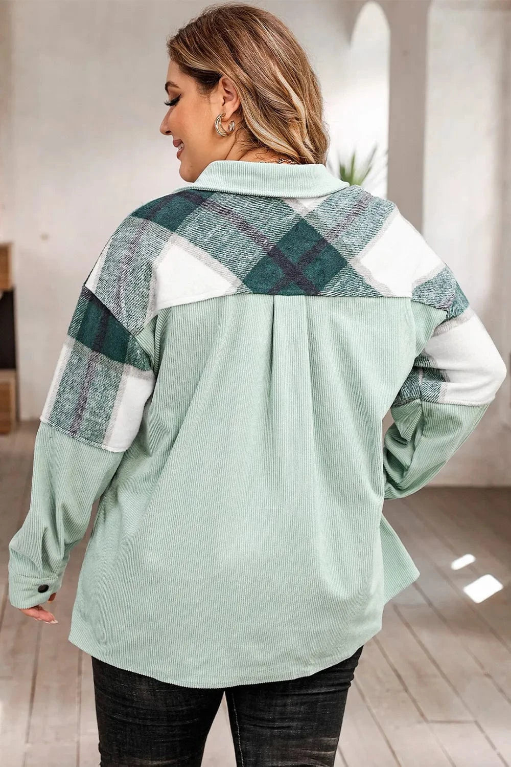 Plus Size Plaid Snap Down Jacket with Pockets - ShalayeFashion