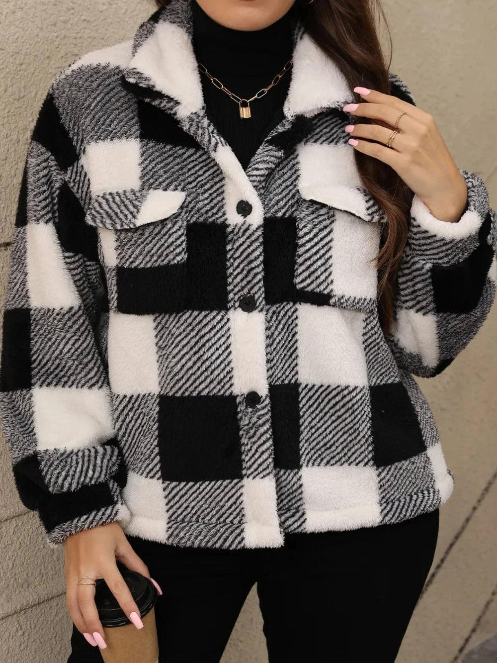 Plus Size Pocketed Plaid Collared Neck Jacket - ShalayeFashion