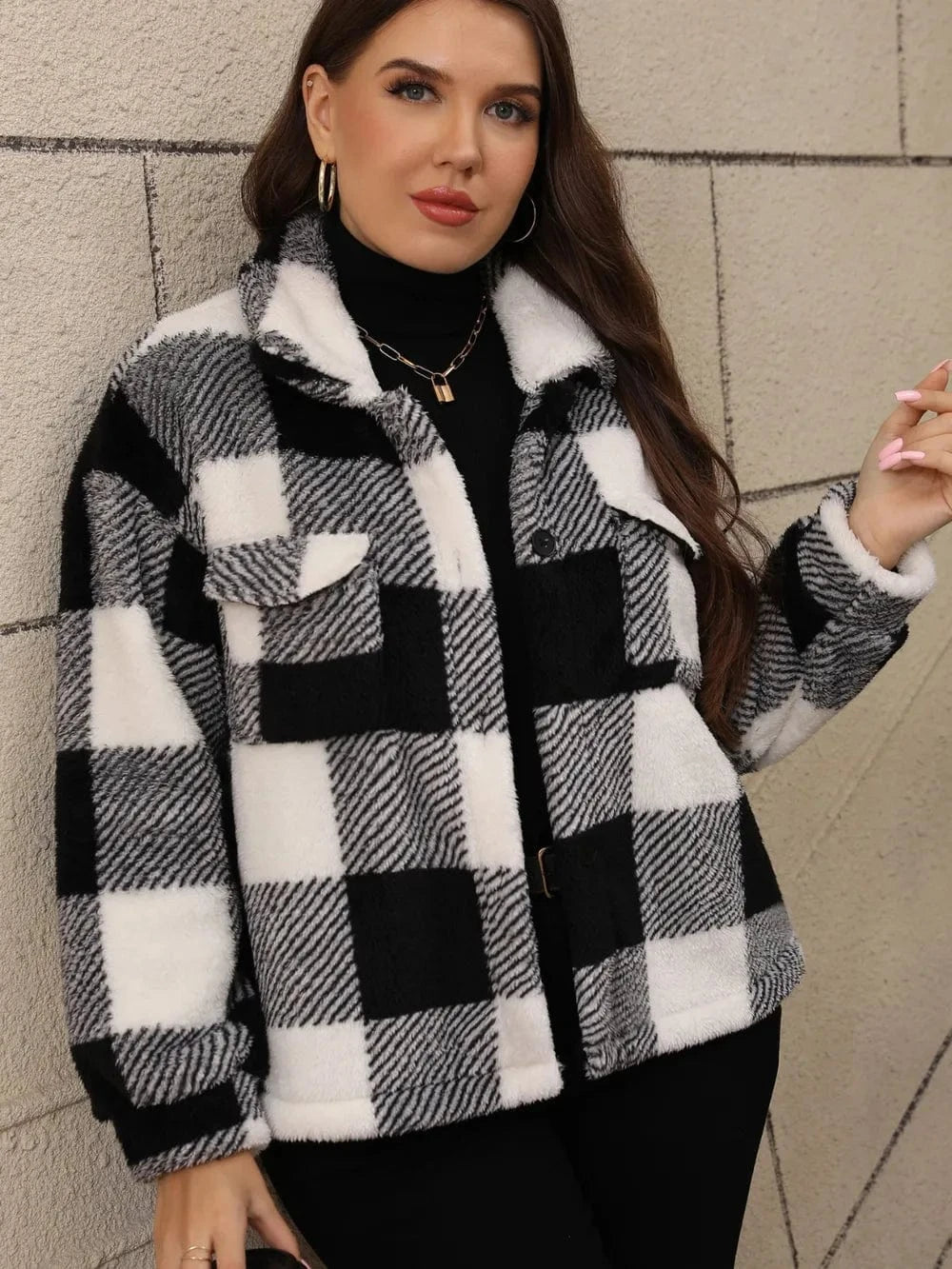 Plus Size Pocketed Plaid Collared Neck Jacket - ShalayeFashion