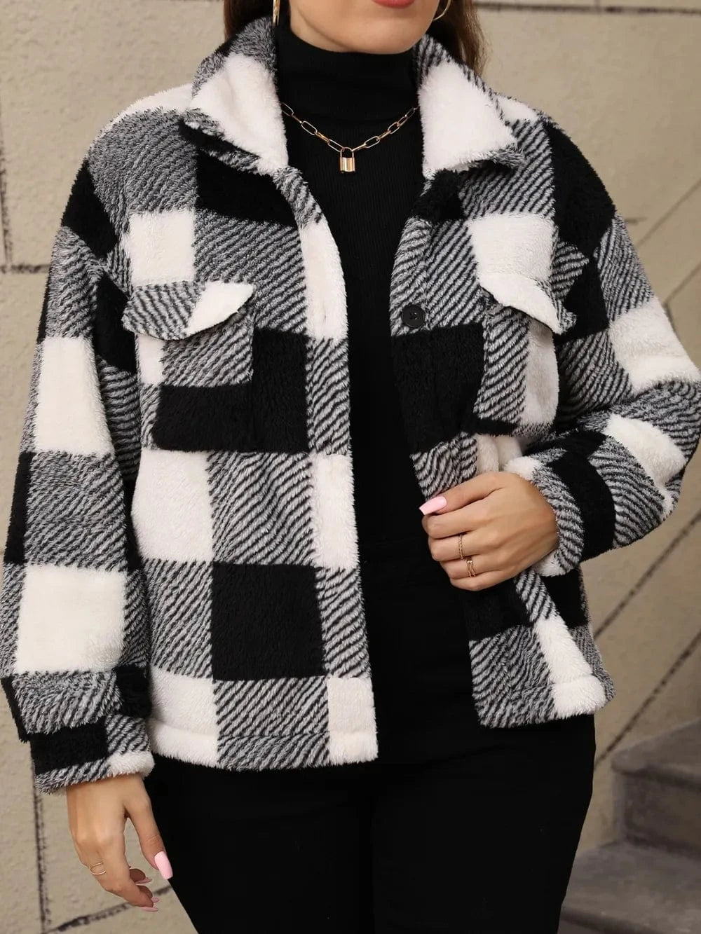 Plus Size Pocketed Plaid Collared Neck Jacket - ShalayeFashion