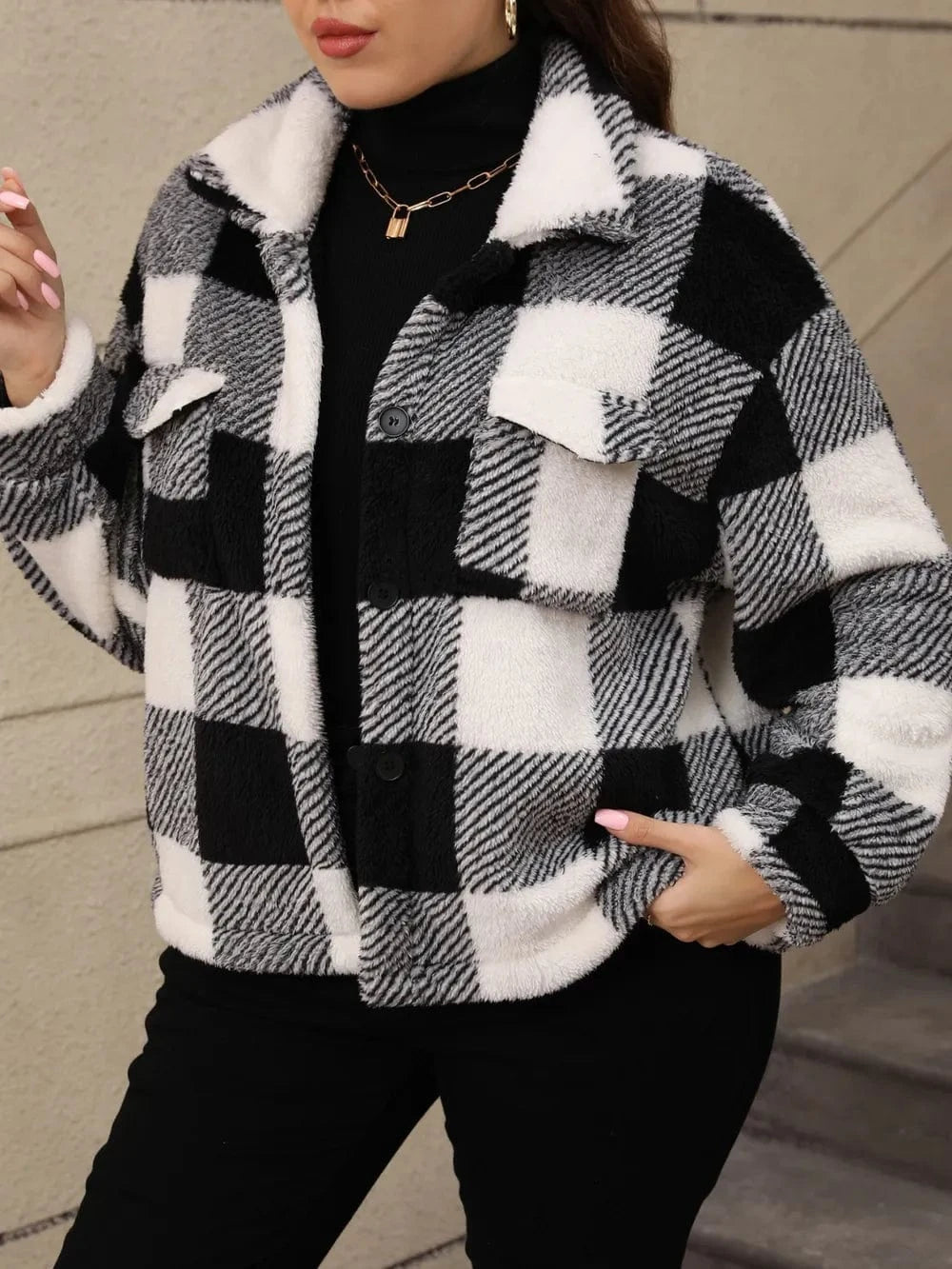 Plus Size Pocketed Plaid Collared Neck Jacket - ShalayeFashion