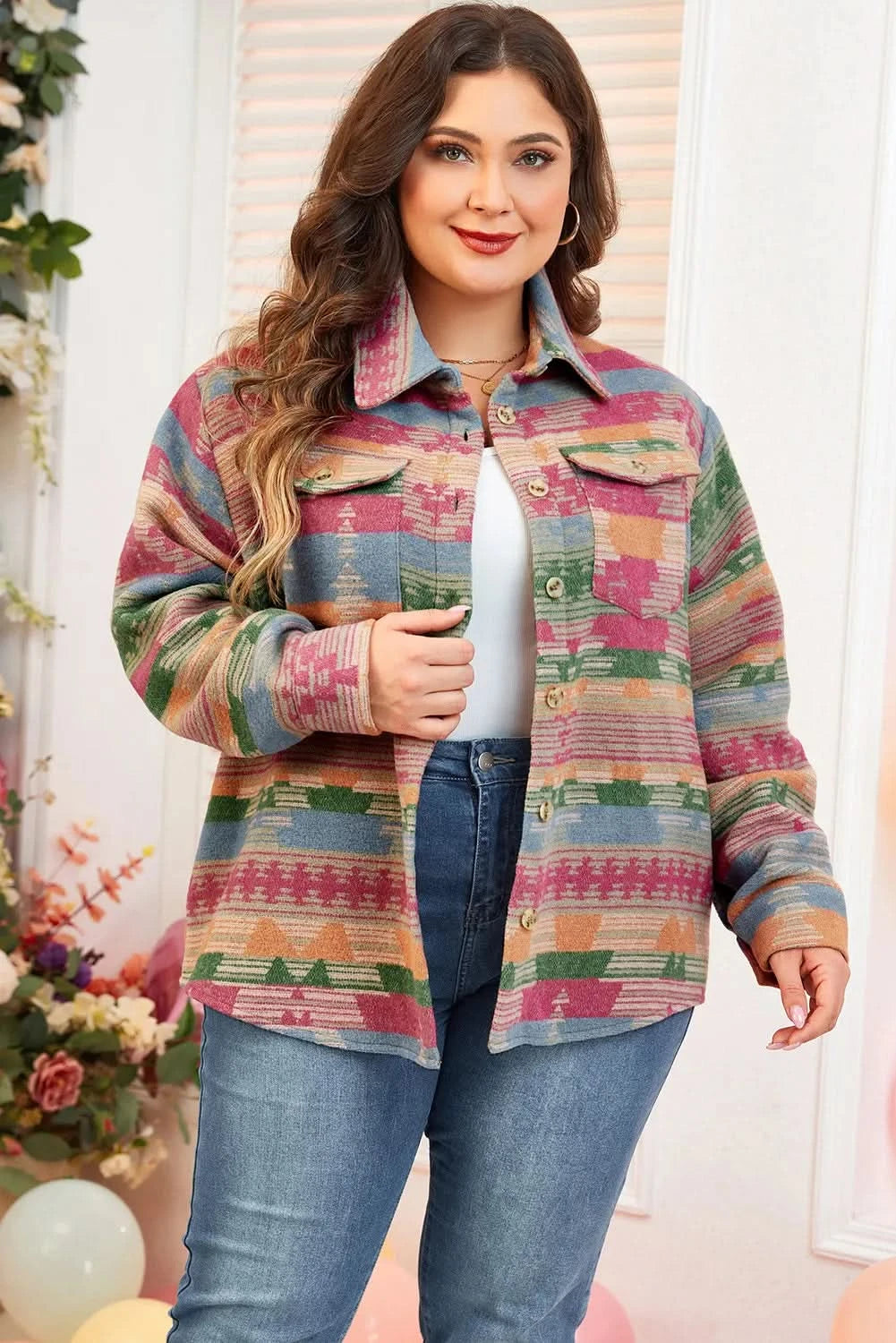 Plus Size Pocketed Printed Collared Neck Jacket - ShalayeFashion