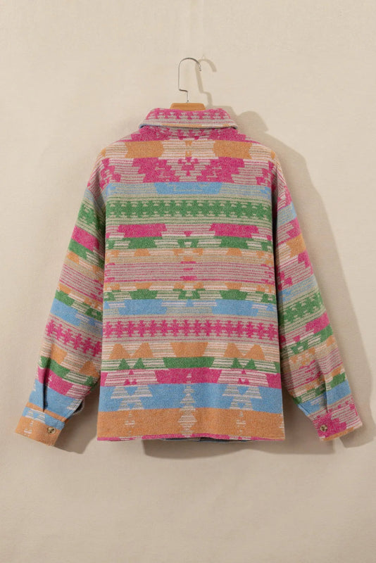 Plus Size Pocketed Printed Collared Neck Jacket - ShalayeFashion