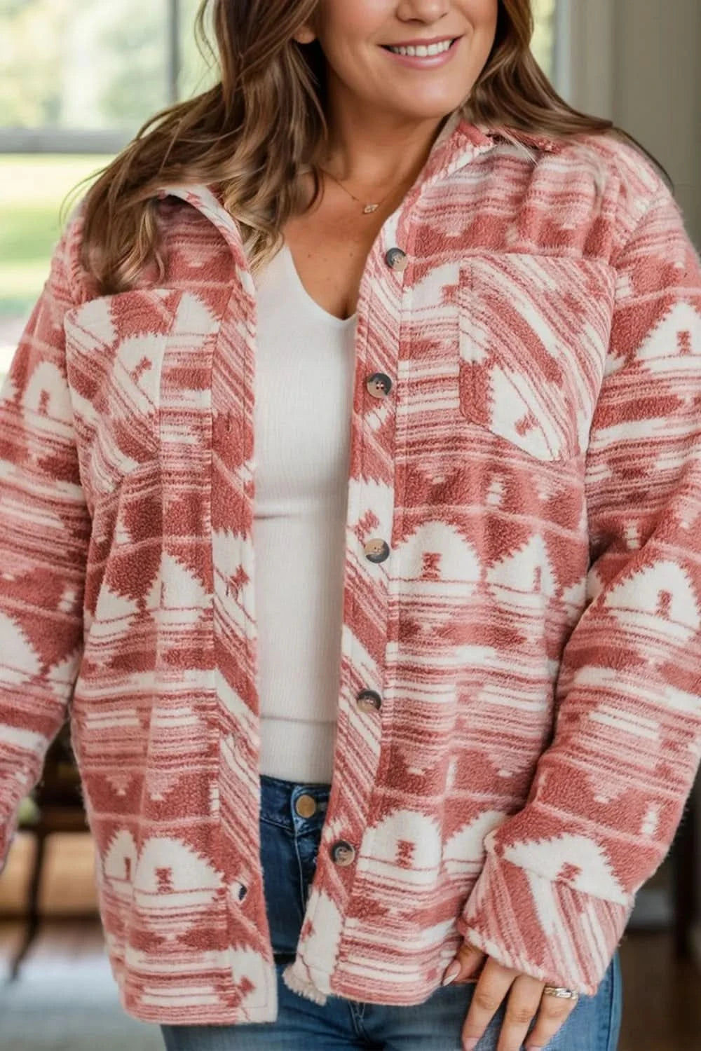 Plus Size Pocketed Printed Collared Neck Jacket - ShalayeFashion