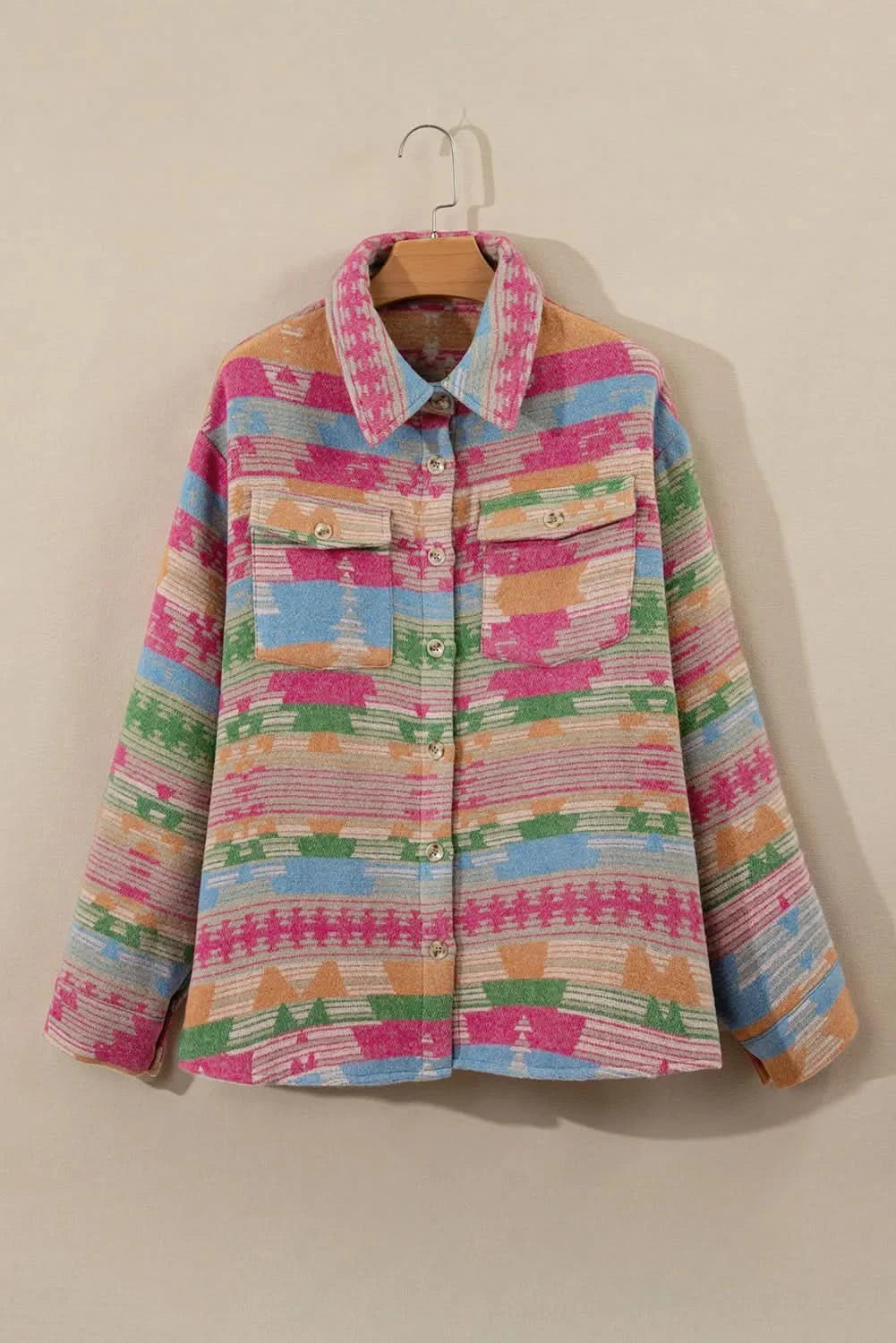 Plus Size Pocketed Printed Collared Neck Jacket - ShalayeFashion