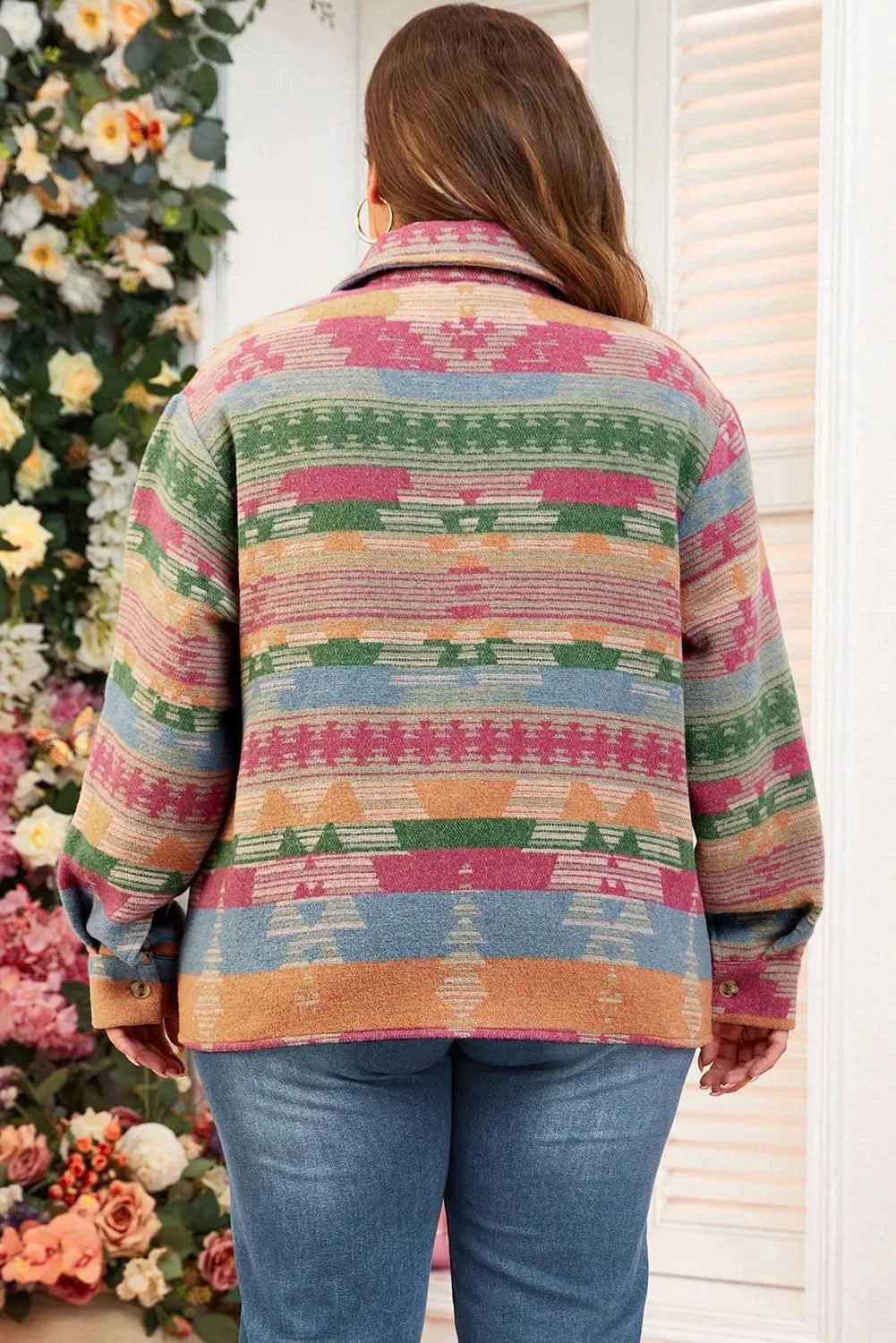 Plus Size Pocketed Printed Collared Neck Jacket - ShalayeFashion