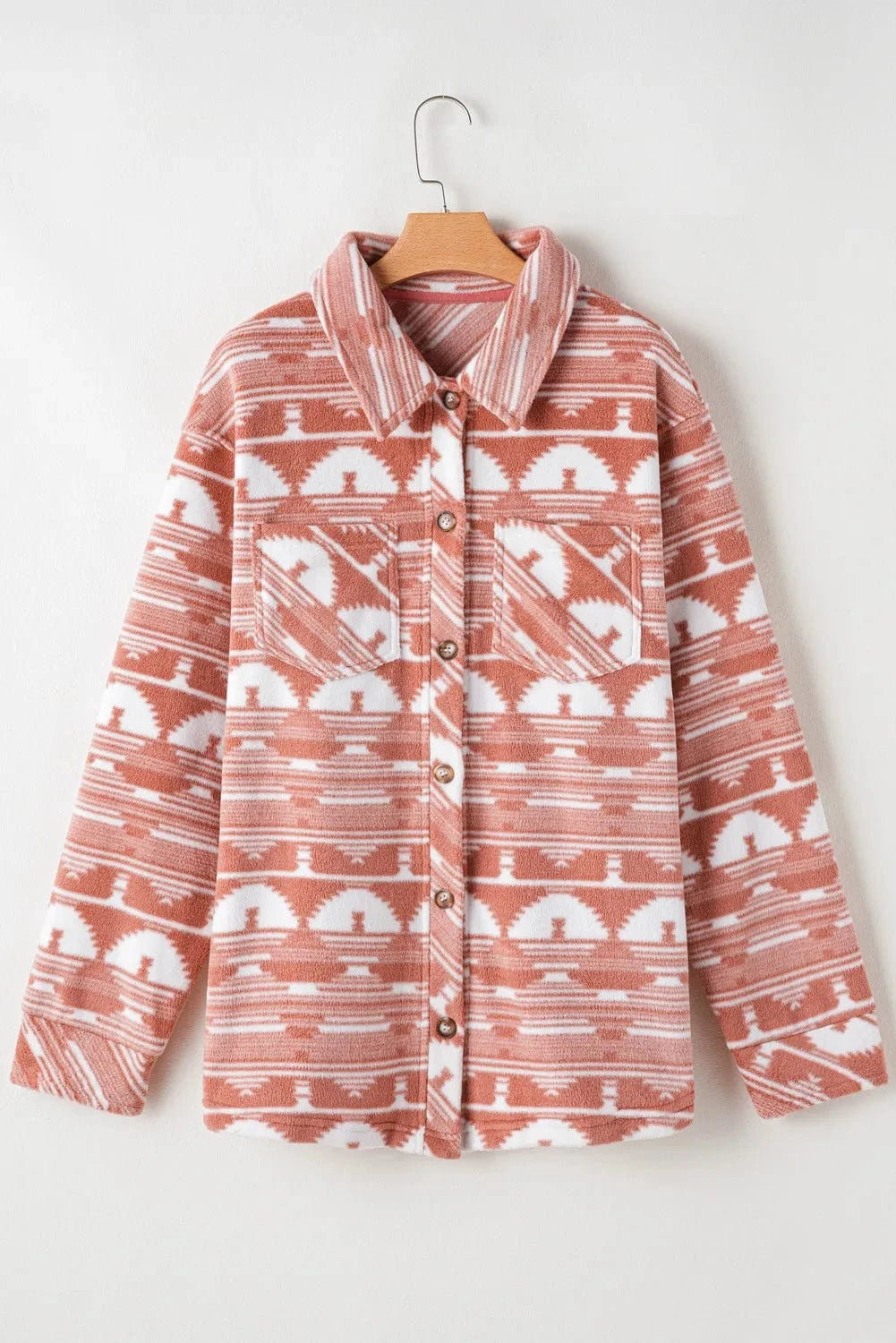 Plus Size Pocketed Printed Collared Neck Jacket - ShalayeFashion