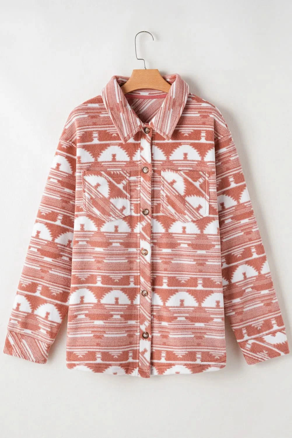 Plus Size Pocketed Printed Collared Neck Jacket - ShalayeFashion
