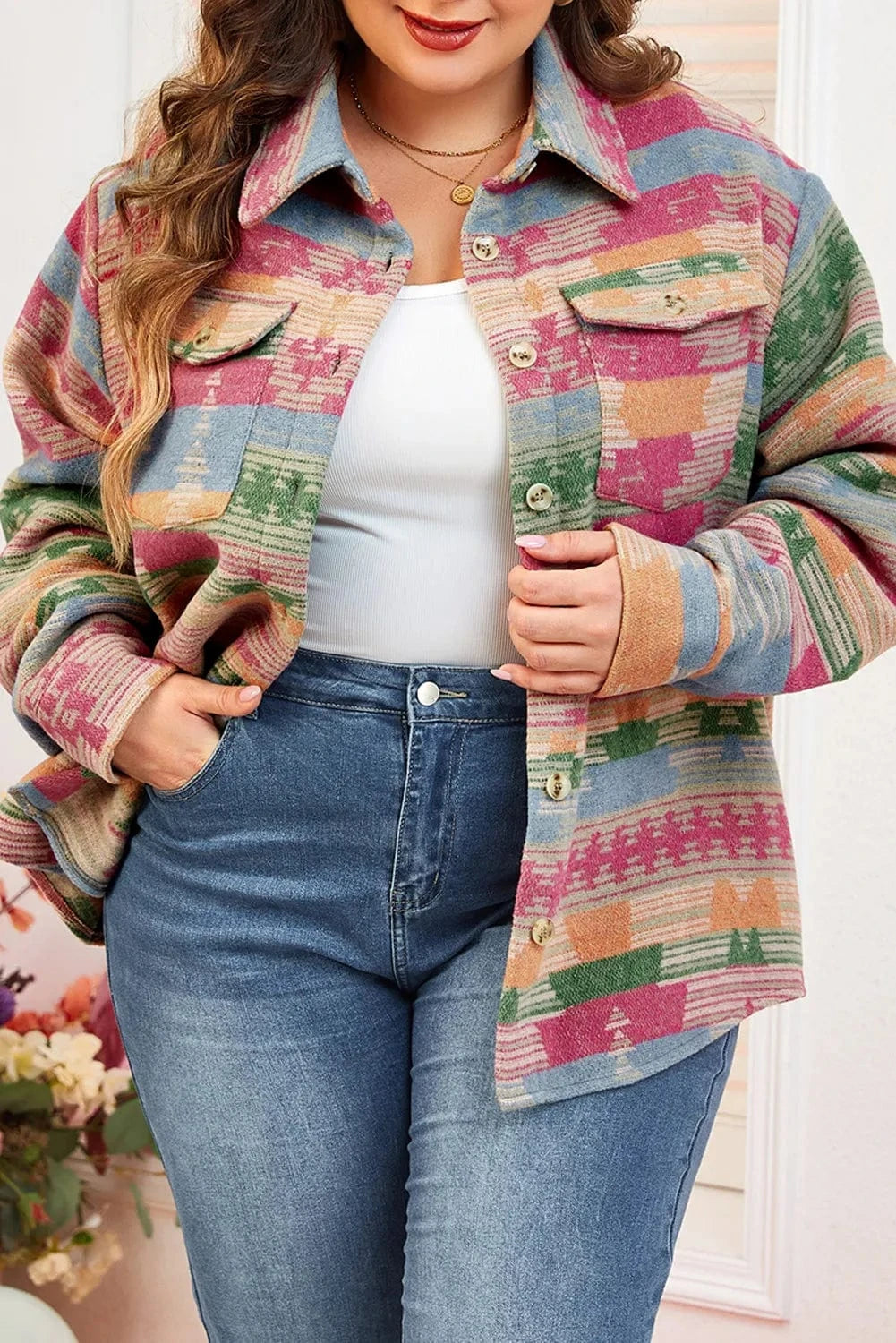 Plus Size Pocketed Printed Collared Neck Jacket - ShalayeFashion
