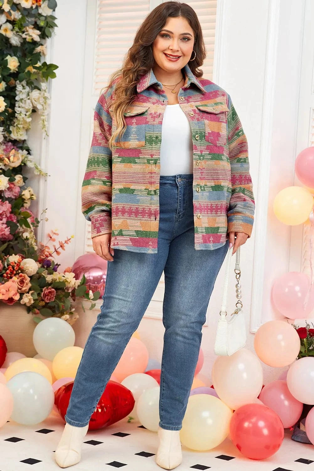 Plus Size Pocketed Printed Collared Neck Jacket - ShalayeFashion