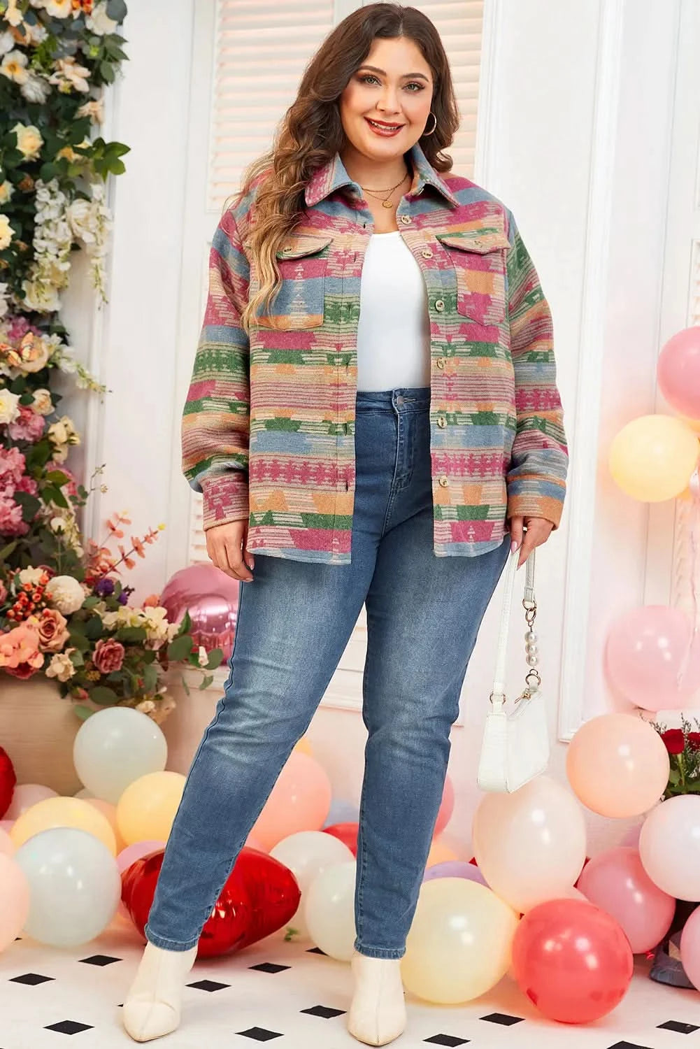 Plus Size Pocketed Printed Collared Neck Jacket - ShalayeFashion