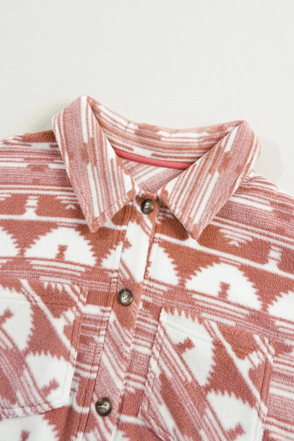 Plus Size Pocketed Printed Collared Neck Jacket - ShalayeFashion