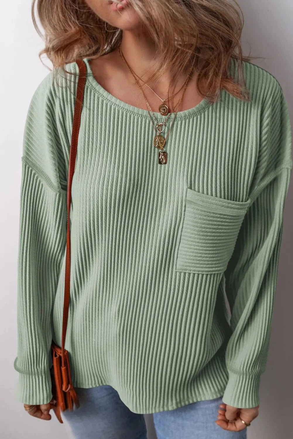 Plus Size Pocketed Ribbed Round Neck Long Sleeve Top - ShalayeFashion