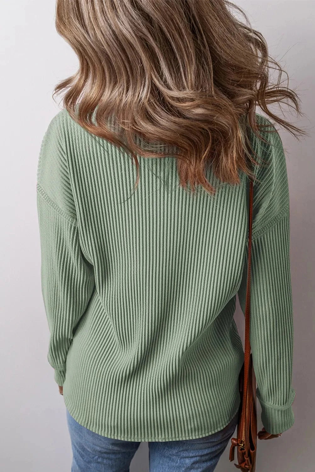 Plus Size Pocketed Ribbed Round Neck Long Sleeve Top - ShalayeFashion