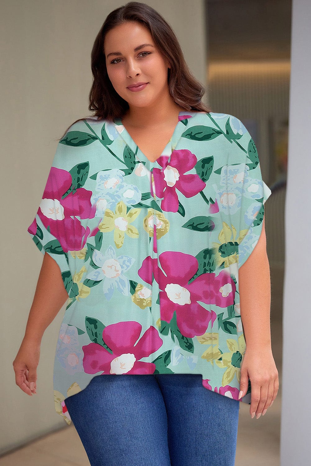 Plus Size Printed Notched Neck Half Sleeve Top - ShalayeFashion