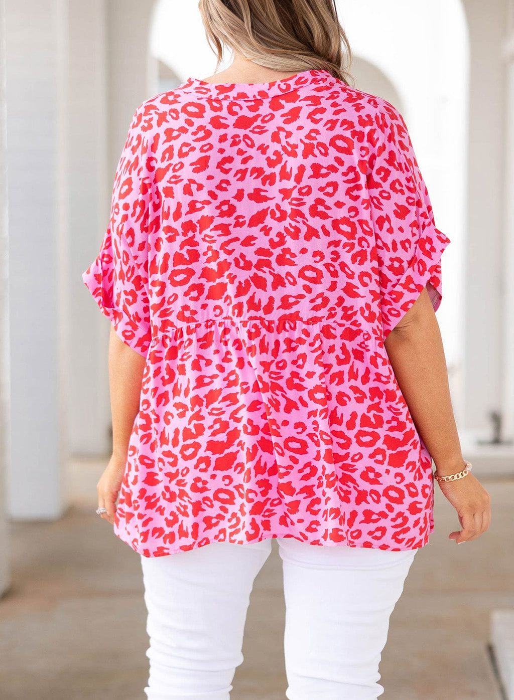 Plus Size Printed Notched Neck Half Sleeve Top - ShalayeFashion