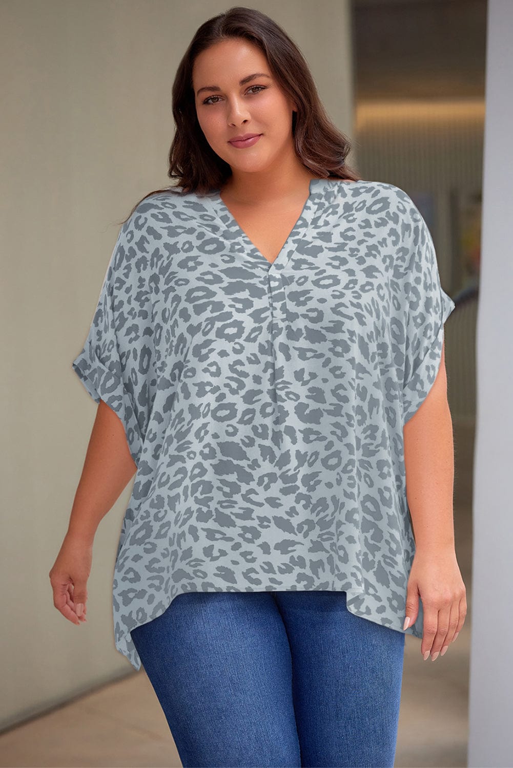 Plus Size Printed Notched Neck Half Sleeve Top - ShalayeFashion