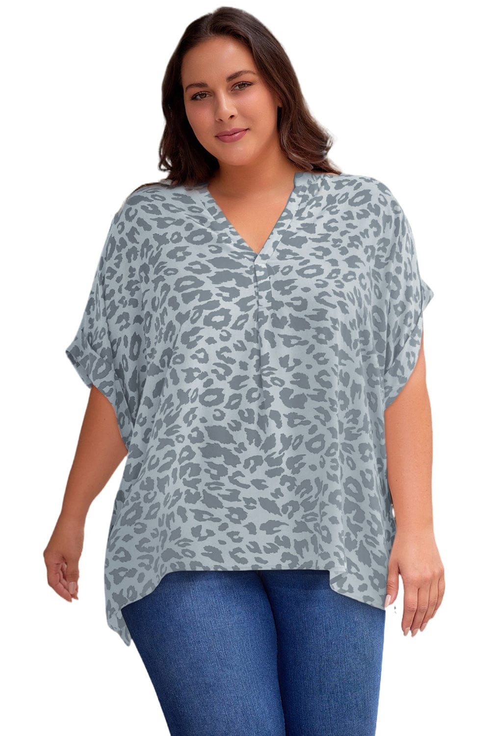 Plus Size Printed Notched Neck Half Sleeve Top - ShalayeFashion