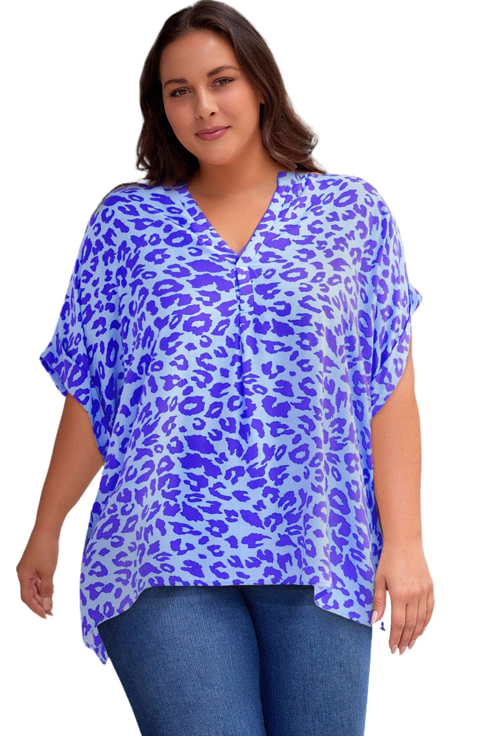Plus Size Printed Notched Neck Half Sleeve Top - ShalayeFashion