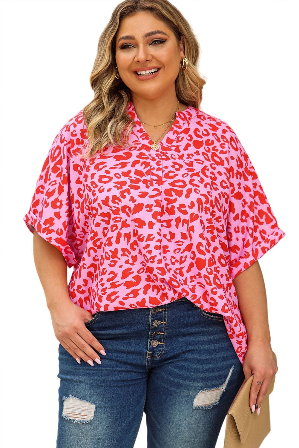 Plus Size Printed Notched Neck Half Sleeve Top - ShalayeFashion