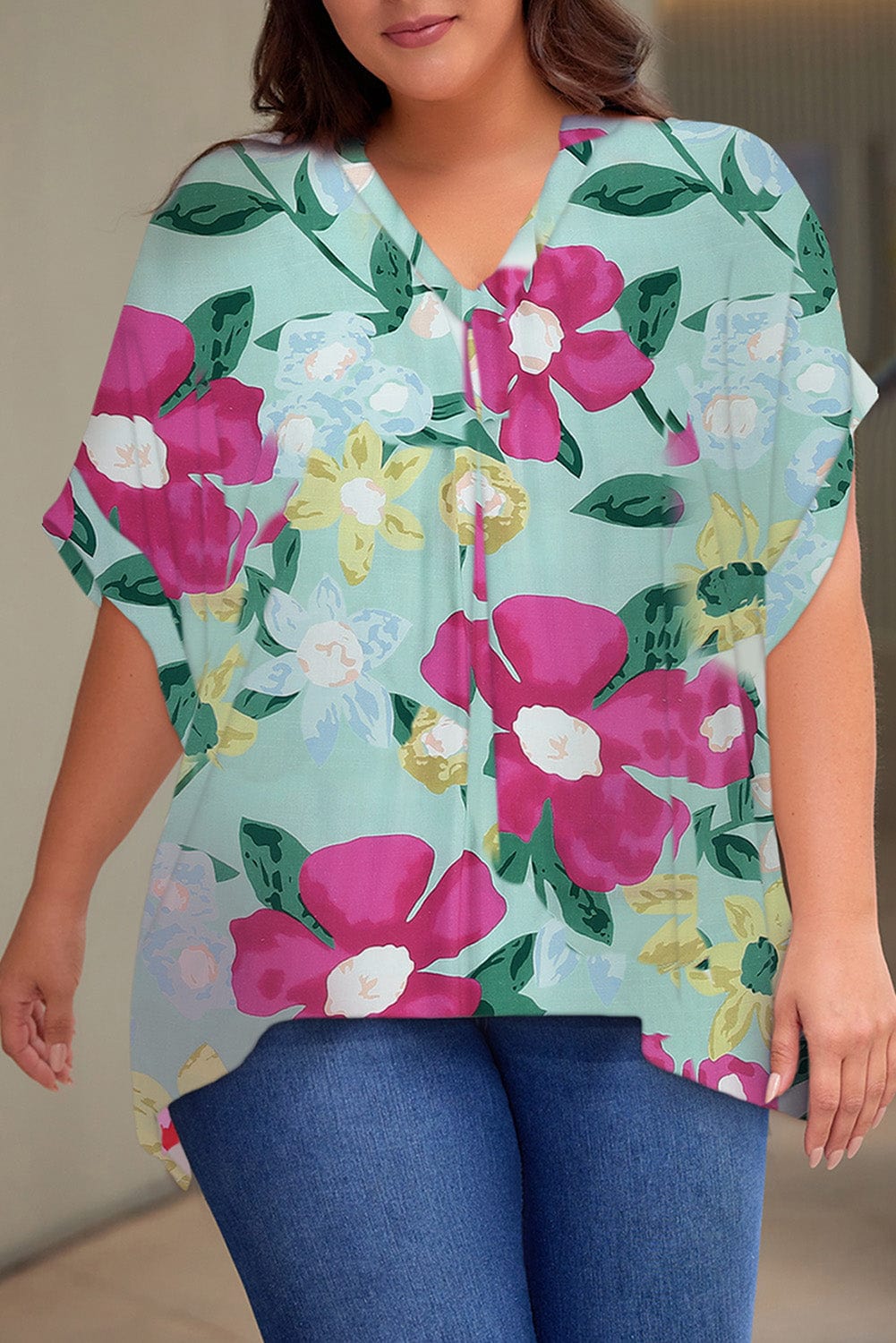 Plus Size Printed Notched Neck Half Sleeve Top - ShalayeFashion