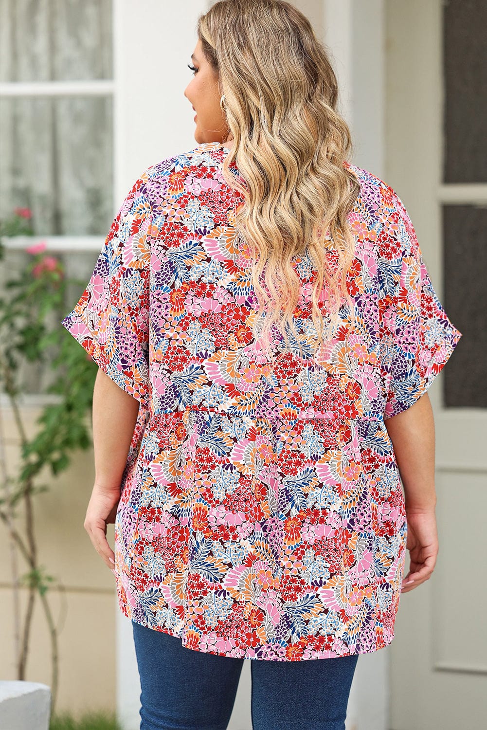 Plus Size Printed Notched Neck Half Sleeve Top - ShalayeFashion