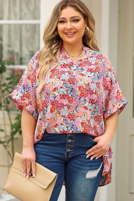 Plus Size Printed Notched Neck Half Sleeve Top - ShalayeFashion