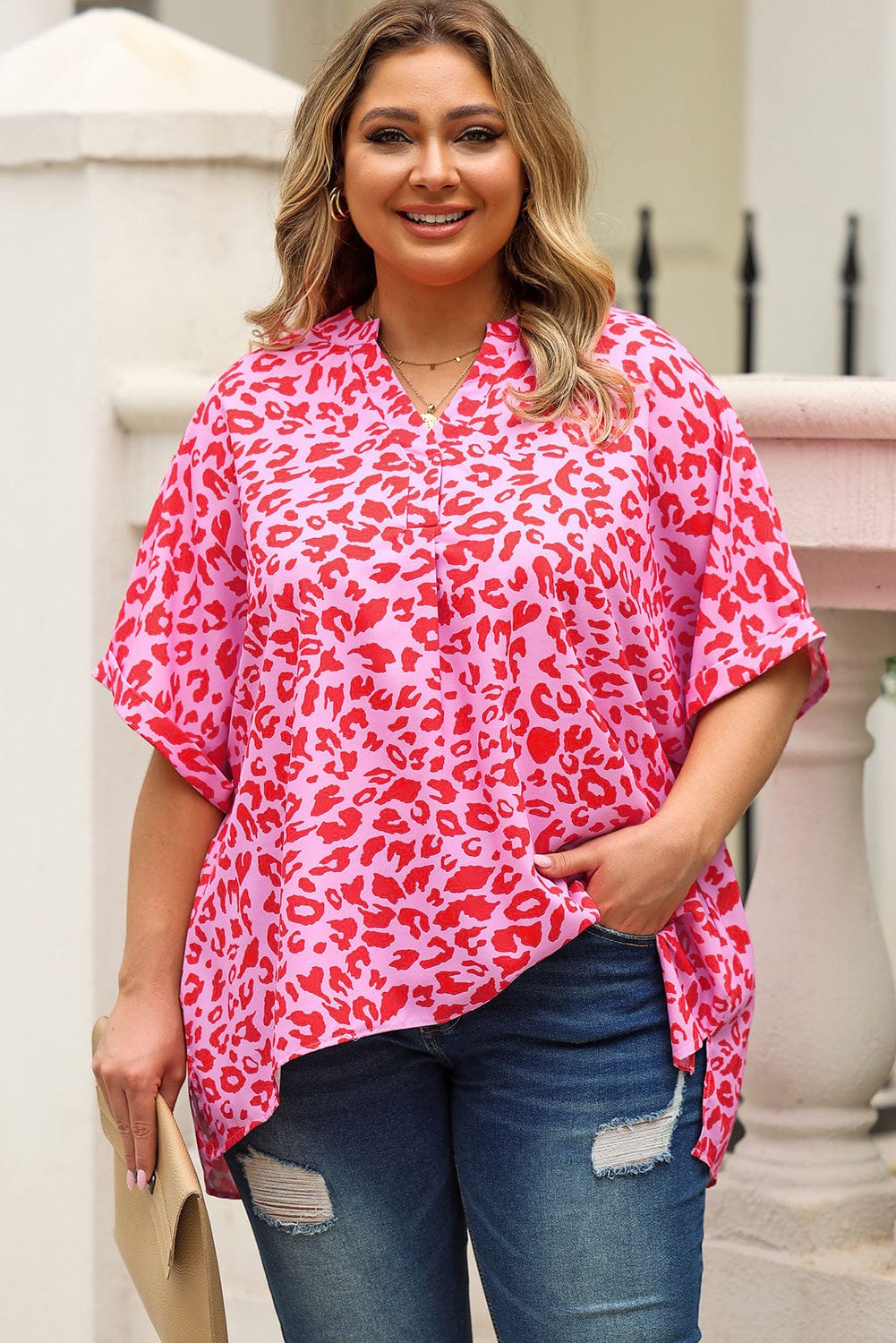 Plus Size Printed Notched Neck Half Sleeve Top - ShalayeFashion