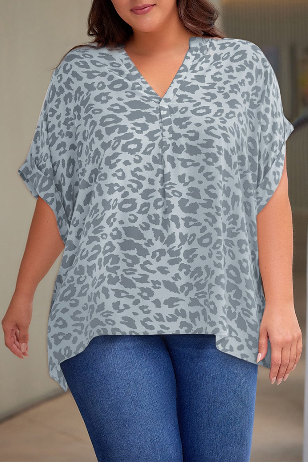 Plus Size Printed Notched Neck Half Sleeve Top - ShalayeFashion