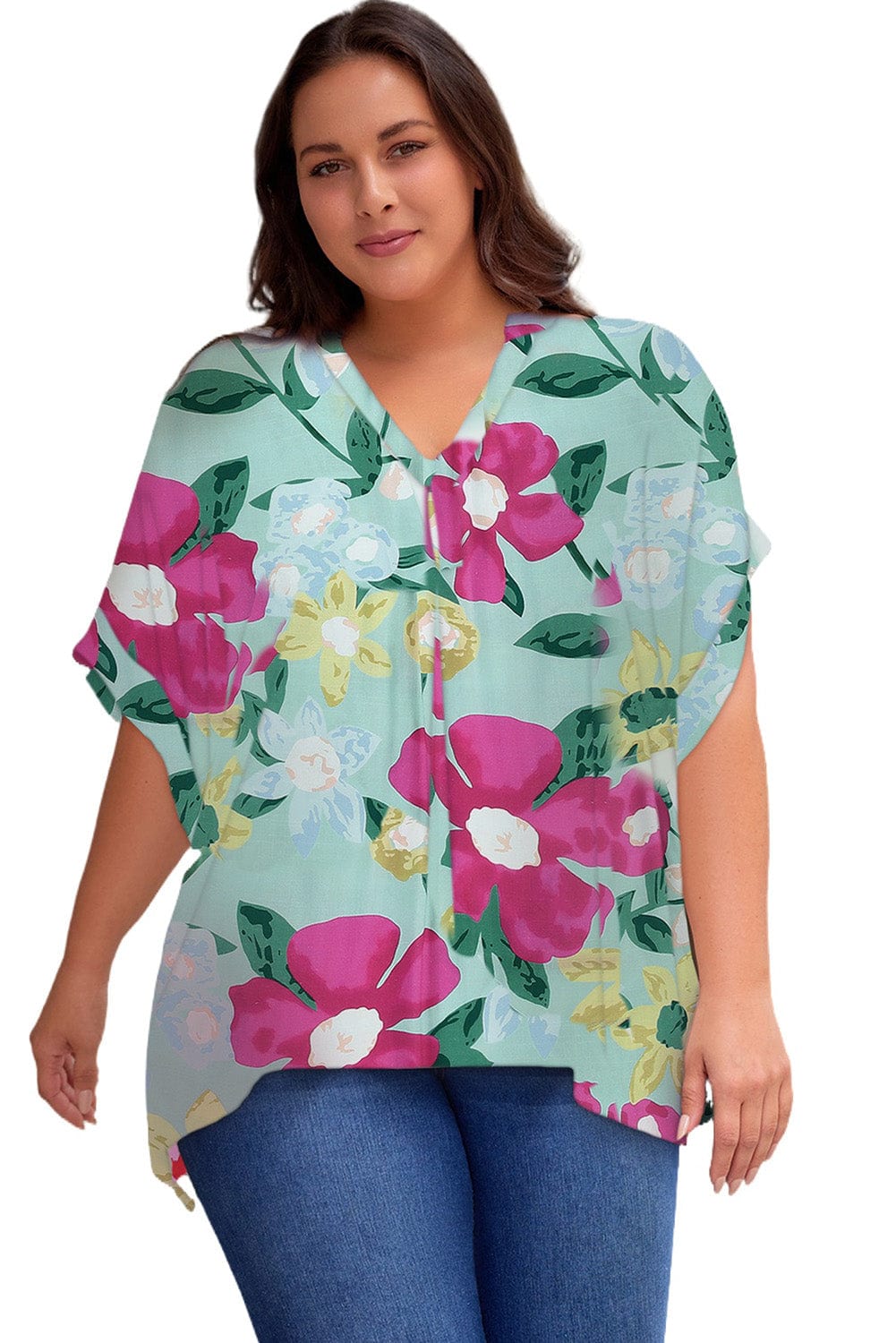Plus Size Printed Notched Neck Half Sleeve Top - ShalayeFashion