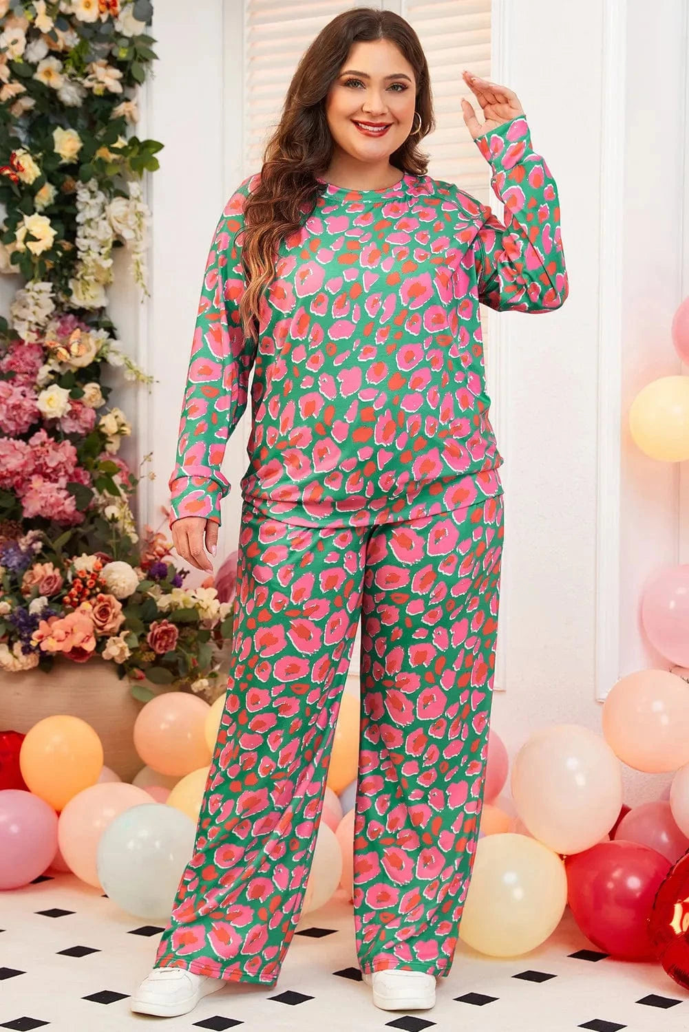 Plus Size Printed Round Neck Long Sleeve Top and Pants Set - ShalayeFashion