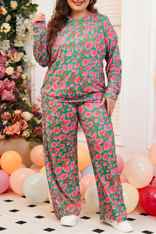 Plus Size Printed Round Neck Long Sleeve Top and Pants Set - ShalayeFashion