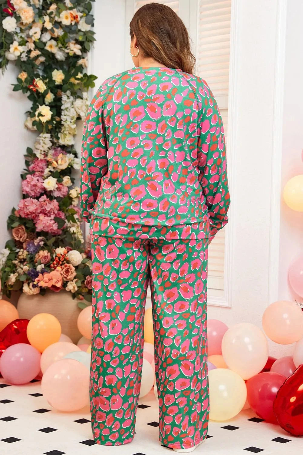 Plus Size Printed Round Neck Long Sleeve Top and Pants Set - ShalayeFashion