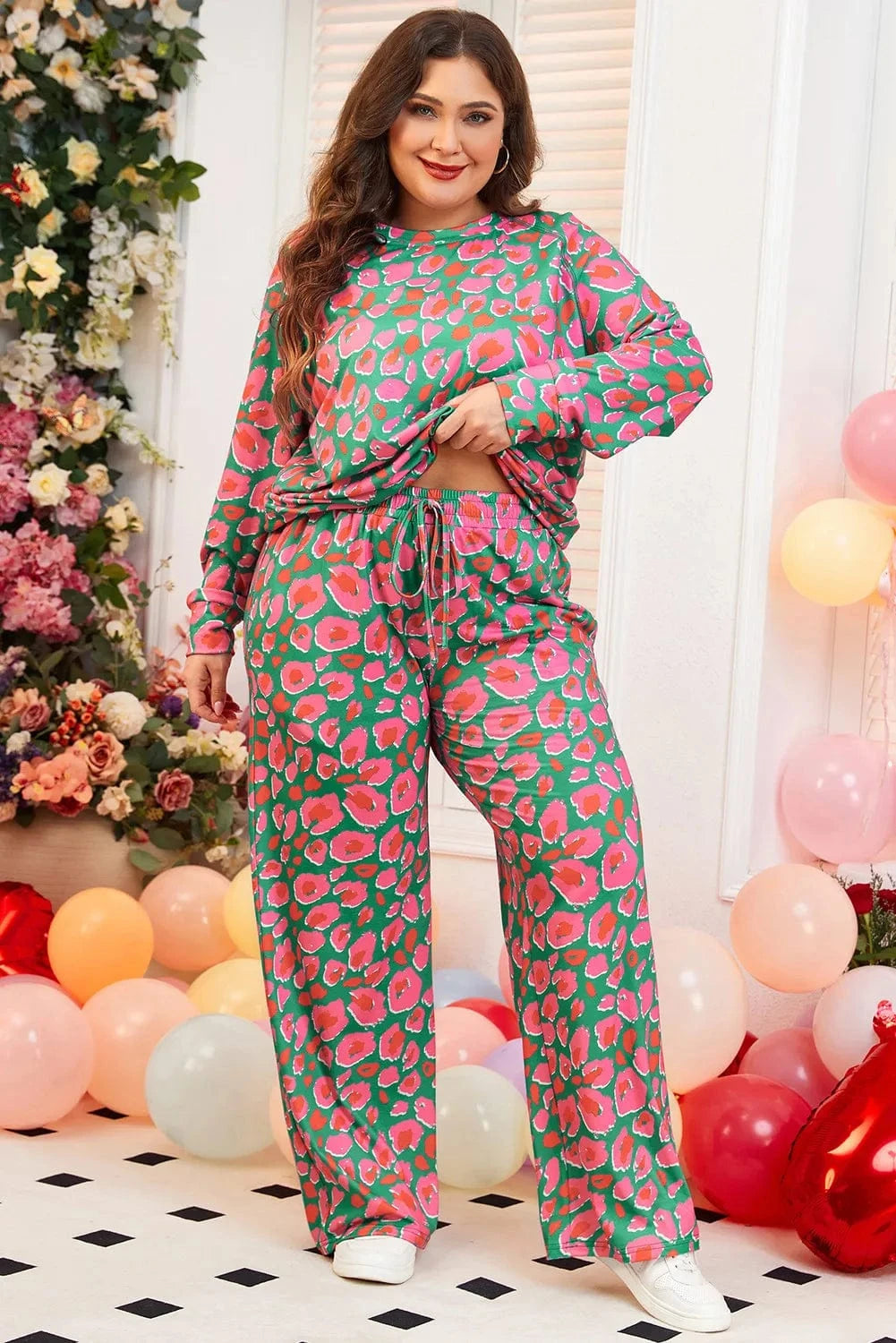Plus Size Printed Round Neck Long Sleeve Top and Pants Set - ShalayeFashion