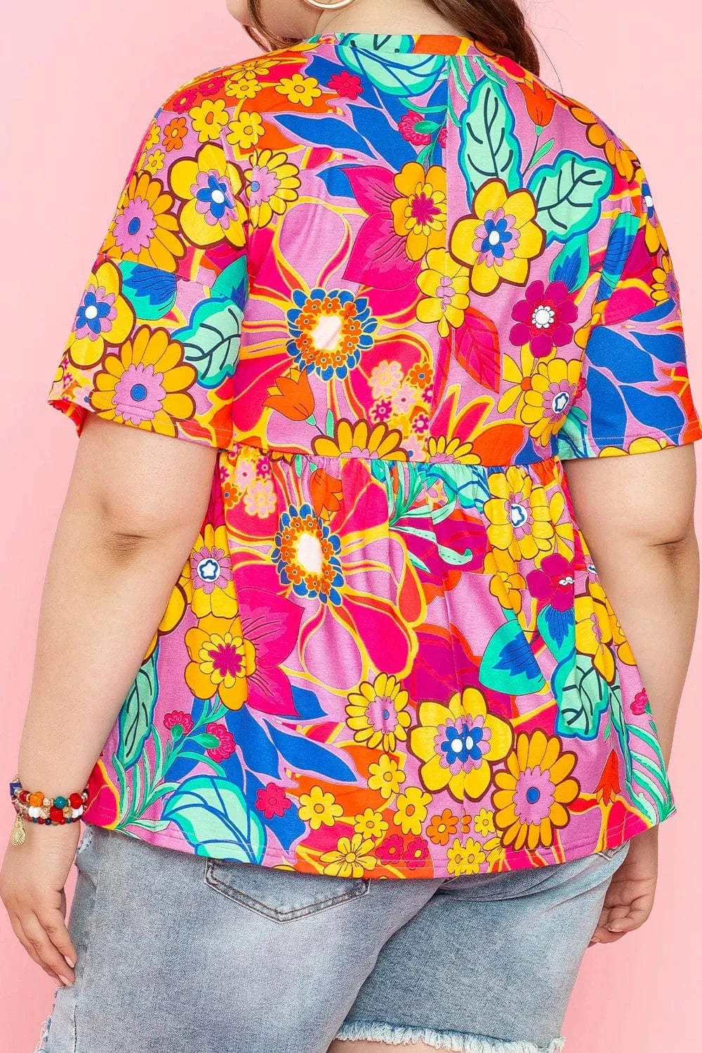 Plus Size Printed Round Neck Short Sleeve Top - ShalayeFashion