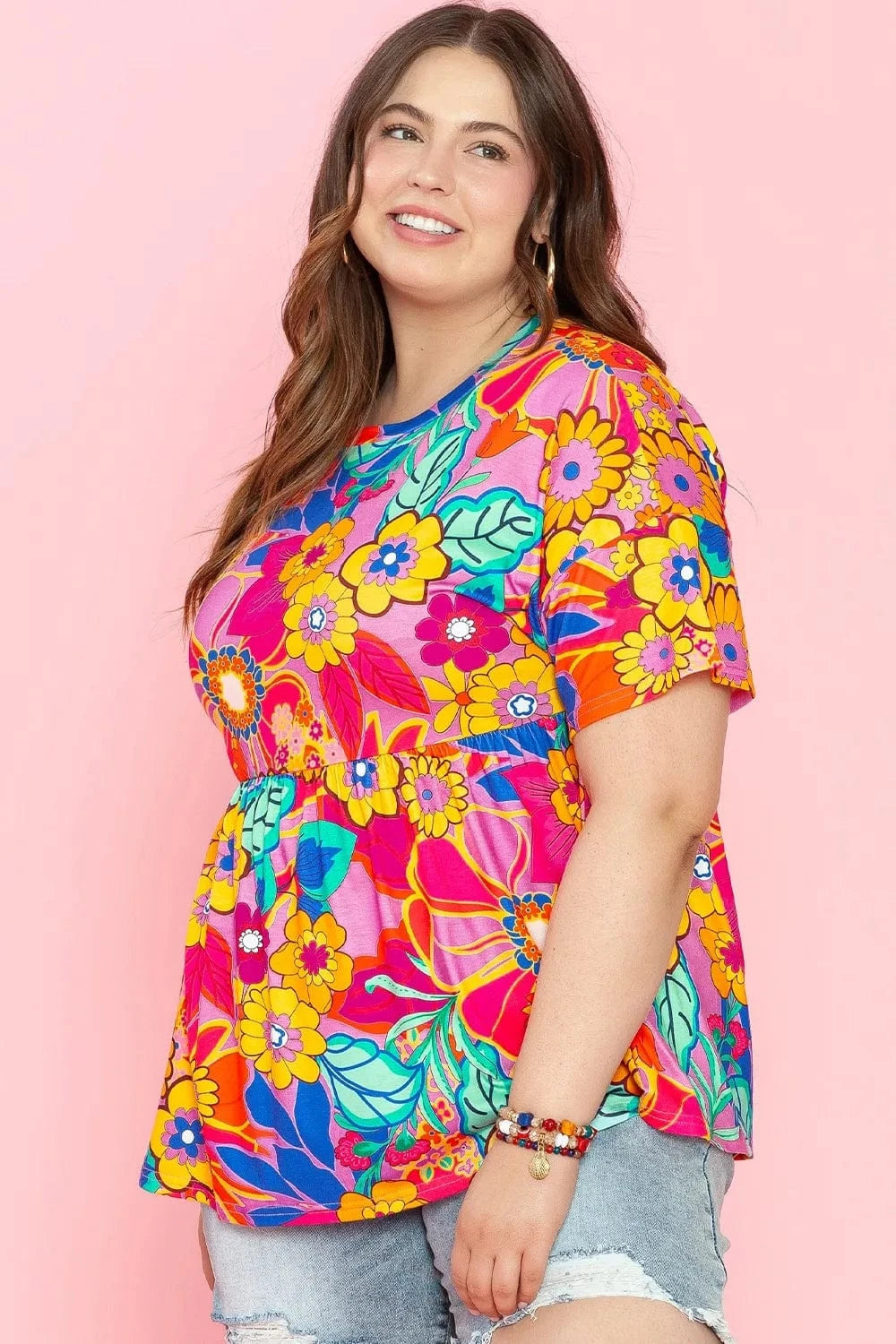 Plus Size Printed Round Neck Short Sleeve Top - ShalayeFashion