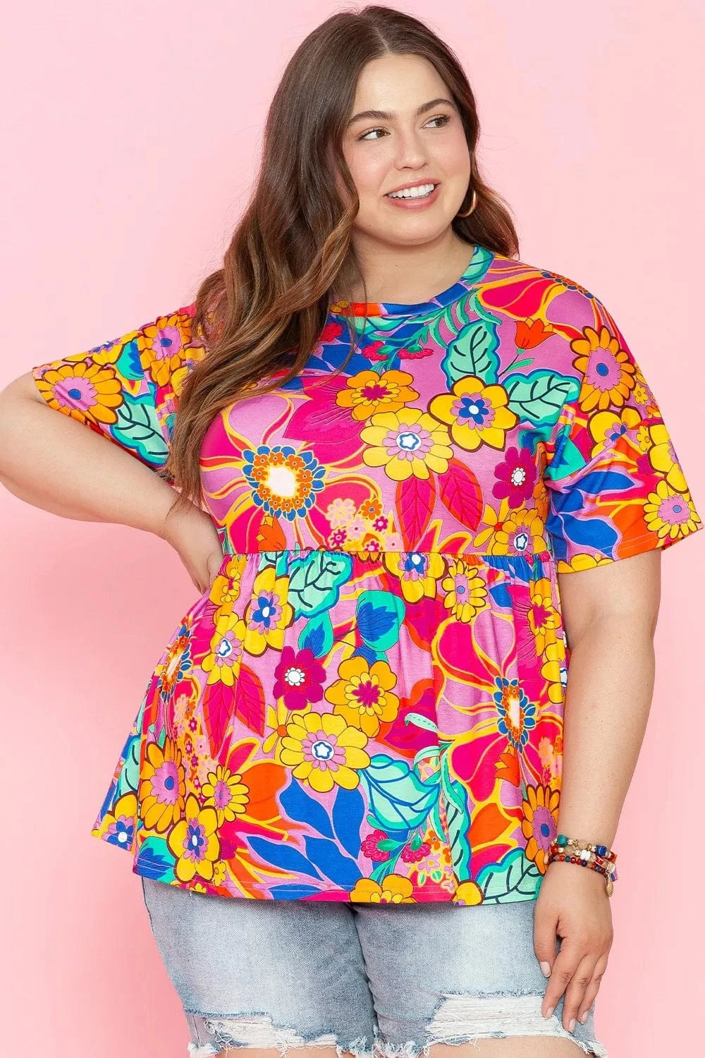 Plus Size Printed Round Neck Short Sleeve Top - ShalayeFashion