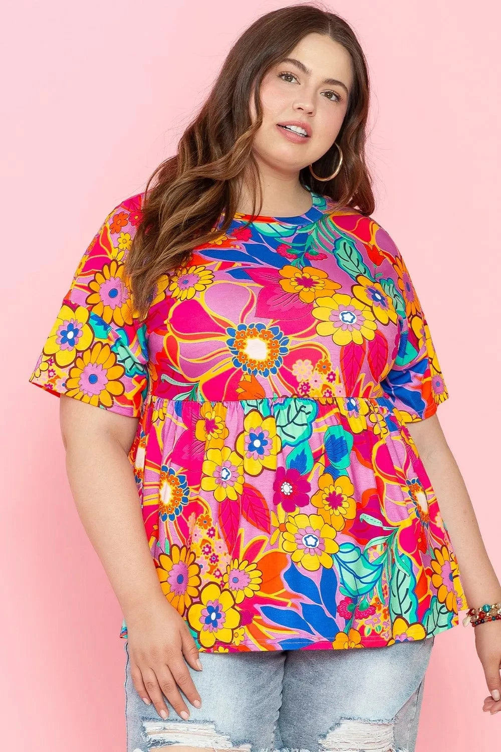 Plus Size Printed Round Neck Short Sleeve Top - ShalayeFashion