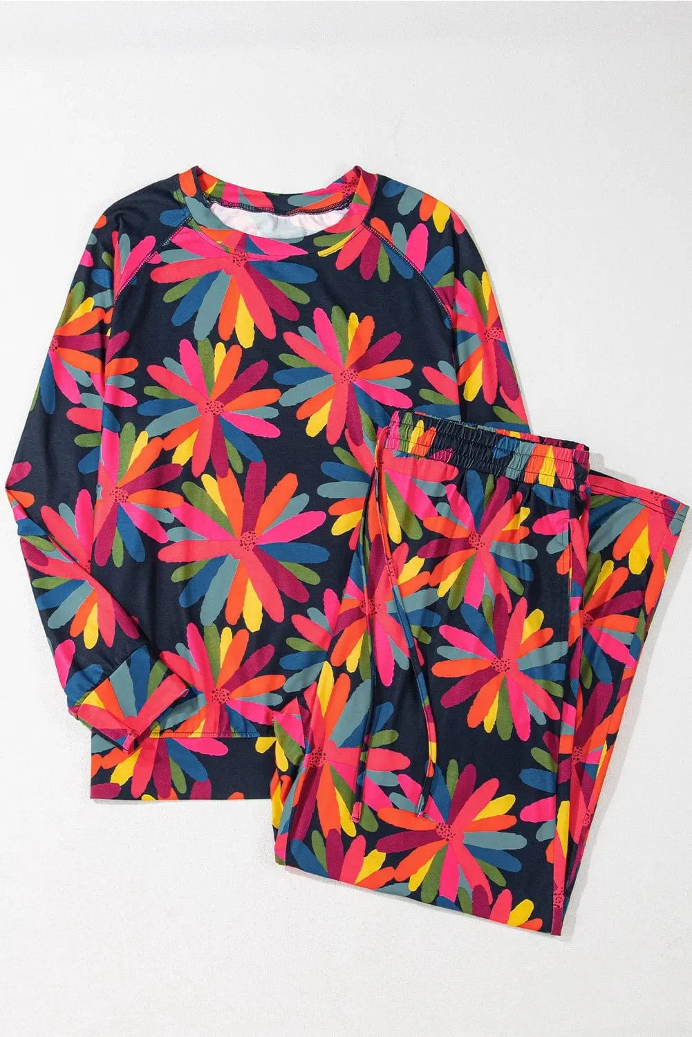 Plus Size Printed Round Neck Top and Drawstring Pants Set - ShalayeFashion