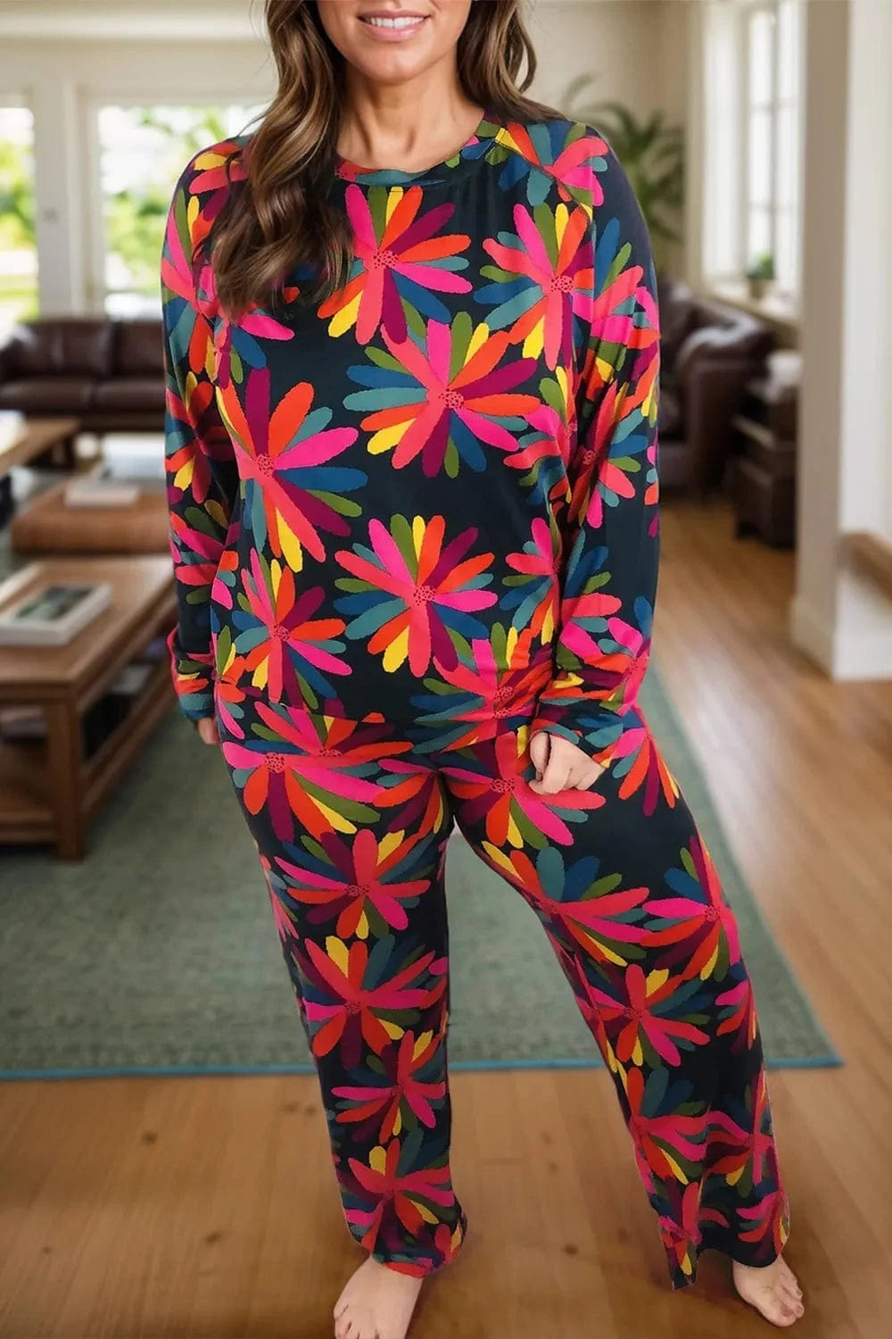 Plus Size Printed Round Neck Top and Drawstring Pants Set - ShalayeFashion