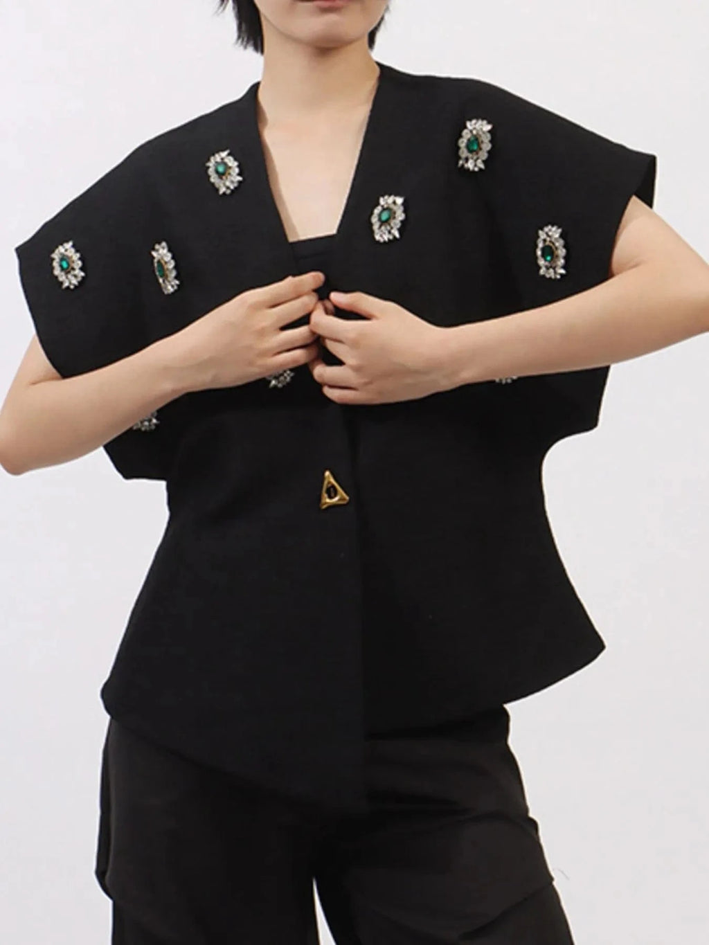Plus Size Rhinestone Relaxed Fit Vest Coat - ShalayeFashion